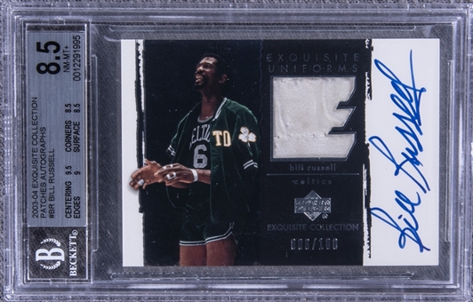 2003-04 UD "Exquisite Collection" Patches Autographs #BR Bill Russell Signed Game Used Patch Card (#006/100) – BGS NM-MT+ 8.5/BGS 10 -Uniform #